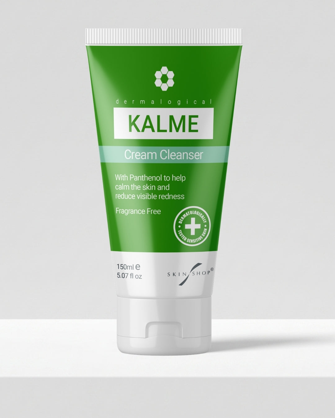 Front of the green 150ml KALME Cream Cleanser tube, a vegan, water-free, fragrance-free cleanser for rosacea-prone and sensitive skin