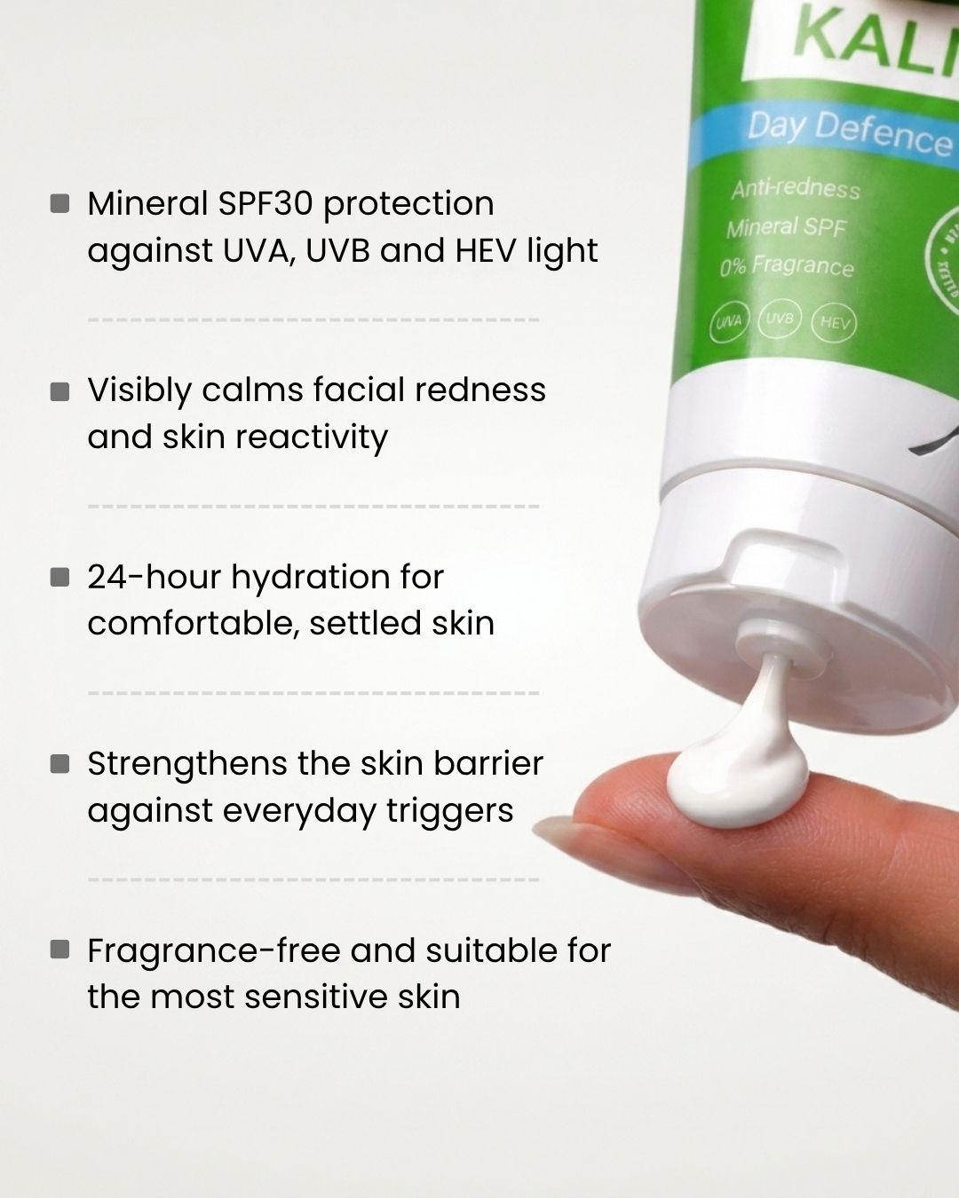 KALME Day Defence Cream SPF30 benefits - mineral sun protection, redness relief and 24-hour hydration for rosacea-prone and sensitive skin