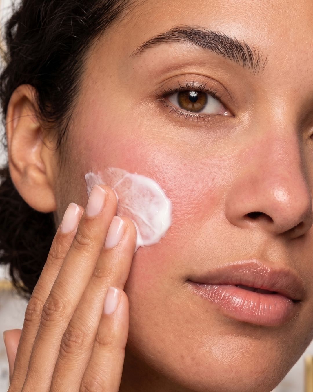 Woman with rosacea-prone skin applying KALME Night Repair Cream to redness on her cheek as part of her evening skincare routine