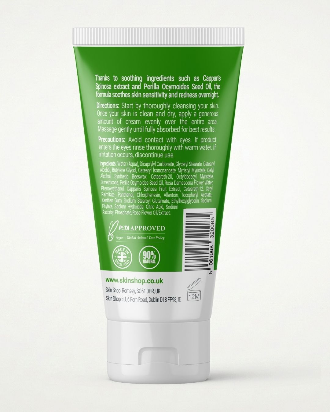 Back of KALME Night Repair Cream 50ml tube showing the full ingredients list, usage directions and precautions for rosacea-prone sensitive skin