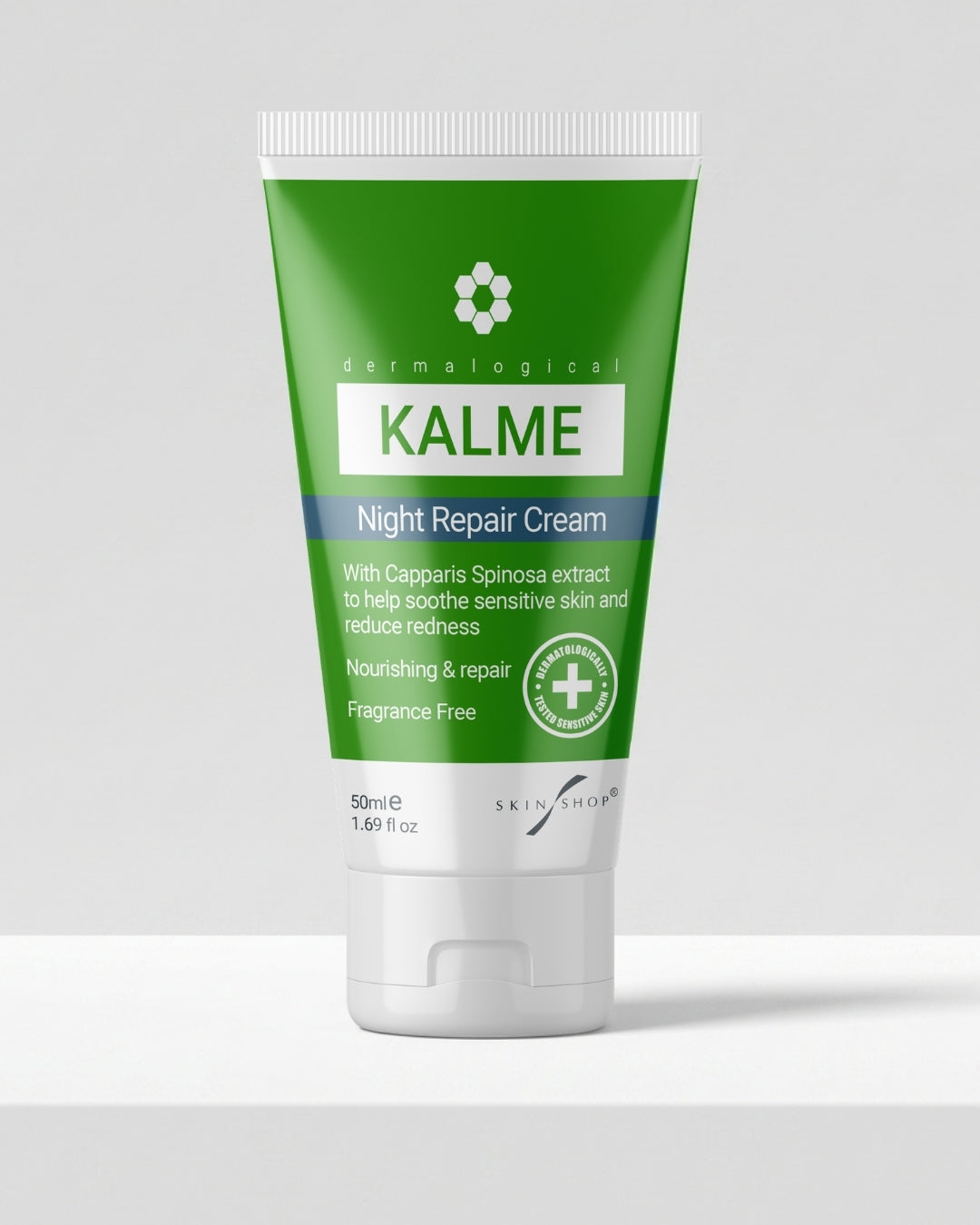 KALME Night Repair Cream 50ml tube, a fragrance-free dermatologically tested night cream for rosacea-prone and redness-prone sensitive skin