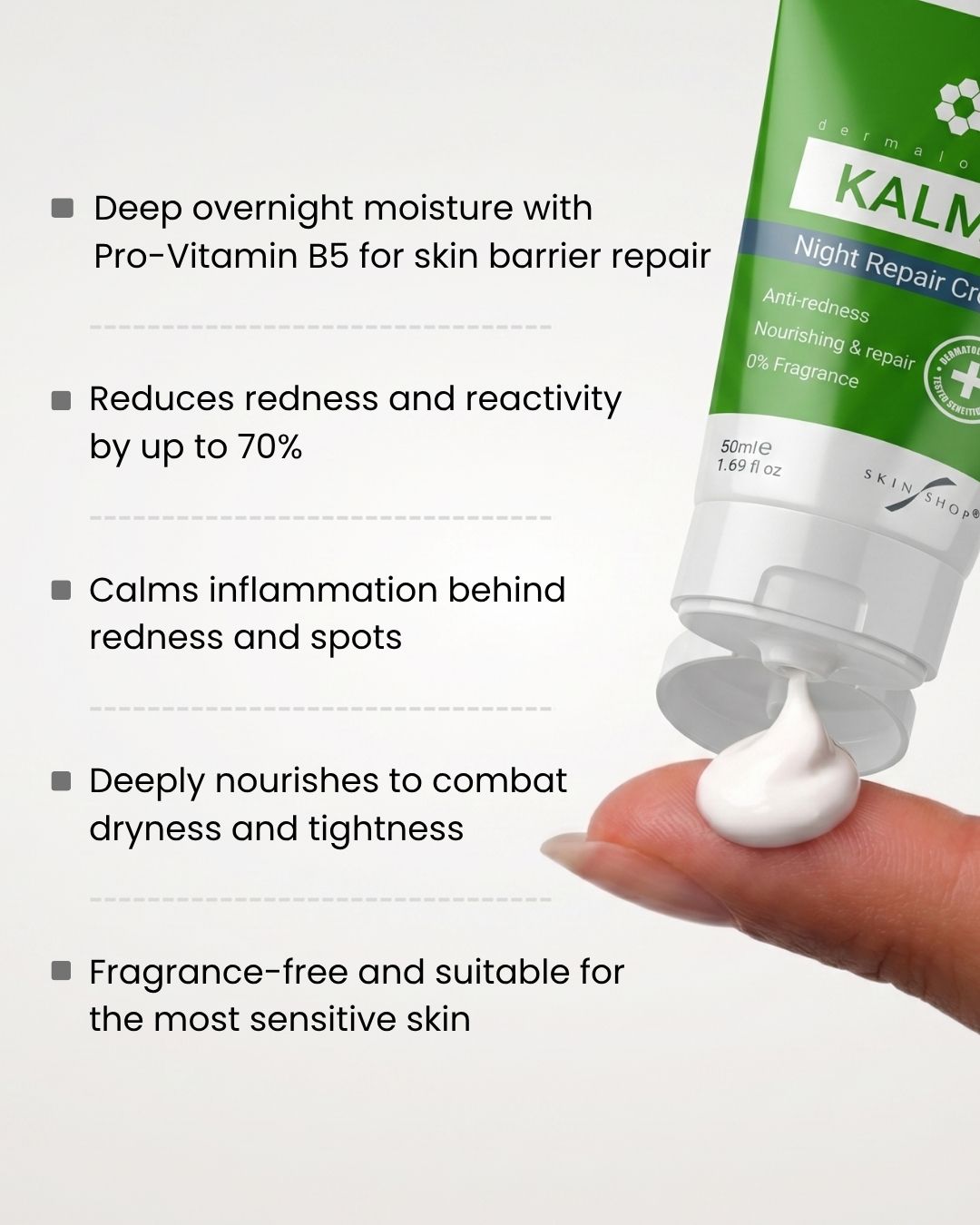 Key benefits of KALME Night Repair Cream: deep overnight moisture with Pro-Vitamin B5 for skin barrier repair, reduces redness and reactivity by up to 70%, calms inflammation behind redness and spots, deeply nourishes to combat dryness and tightness, fragrance-free and suitable for rosacea-prone sensitive skin