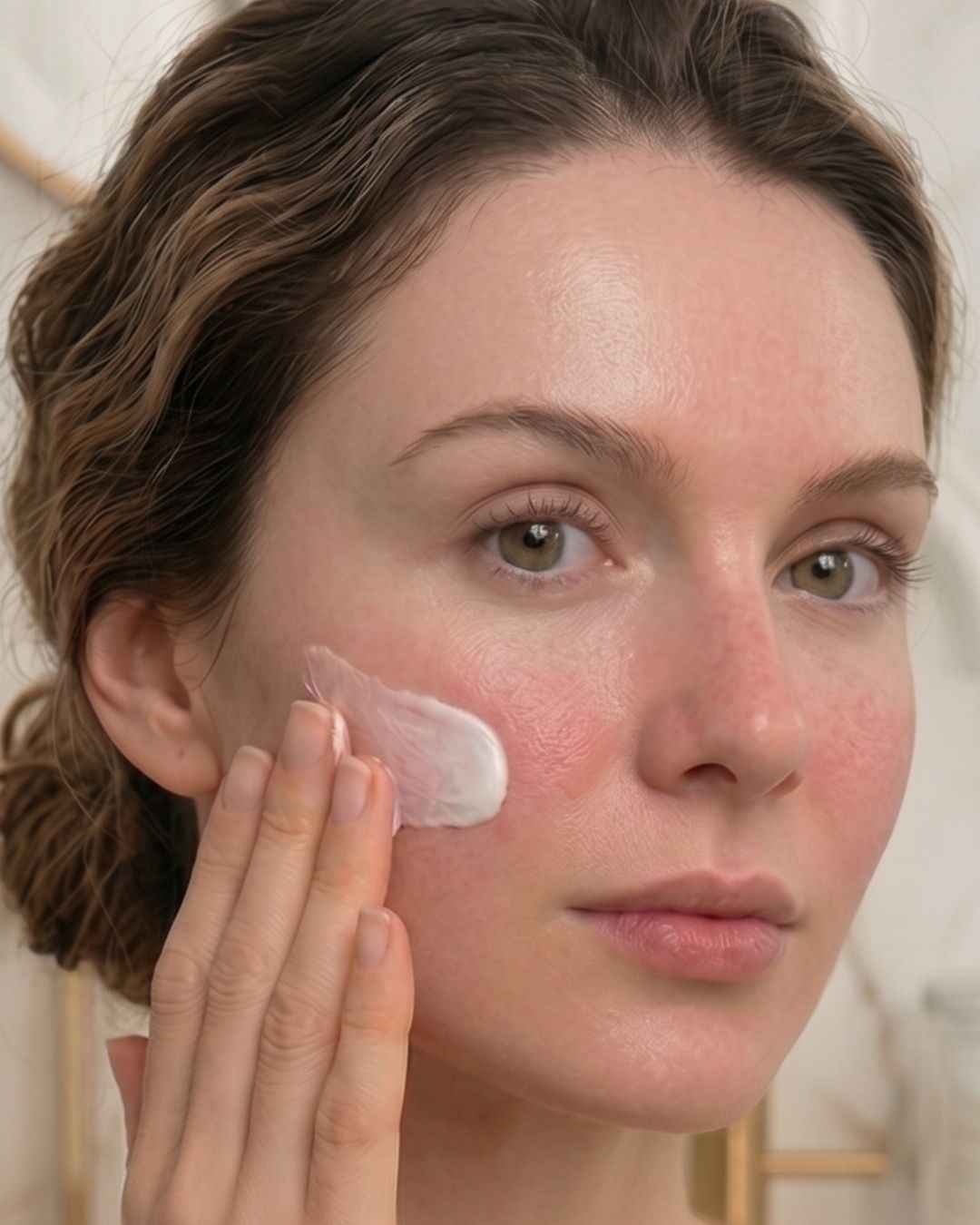 Woman with visible redness on her cheeks applying KALME Undercoat desensitising moisturiser to rosacea-prone, sensitive skin