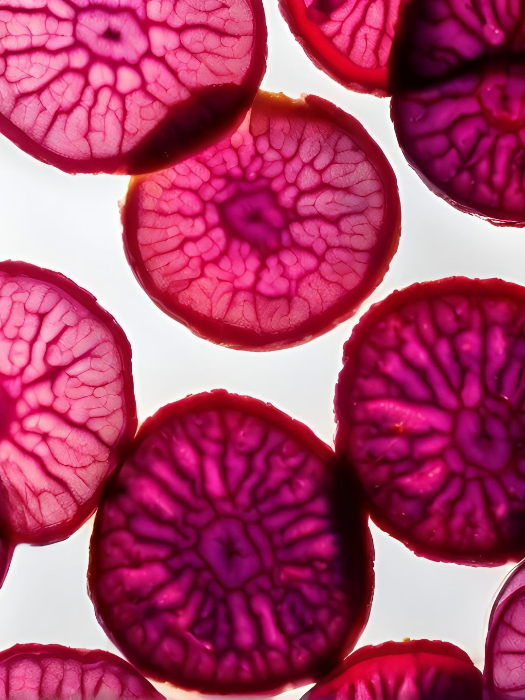 Backlit slices of beet in deep pink, representing betaine, the naturally derived sugar beet humectant that hydrates and soothes skin in KALME Undercoat