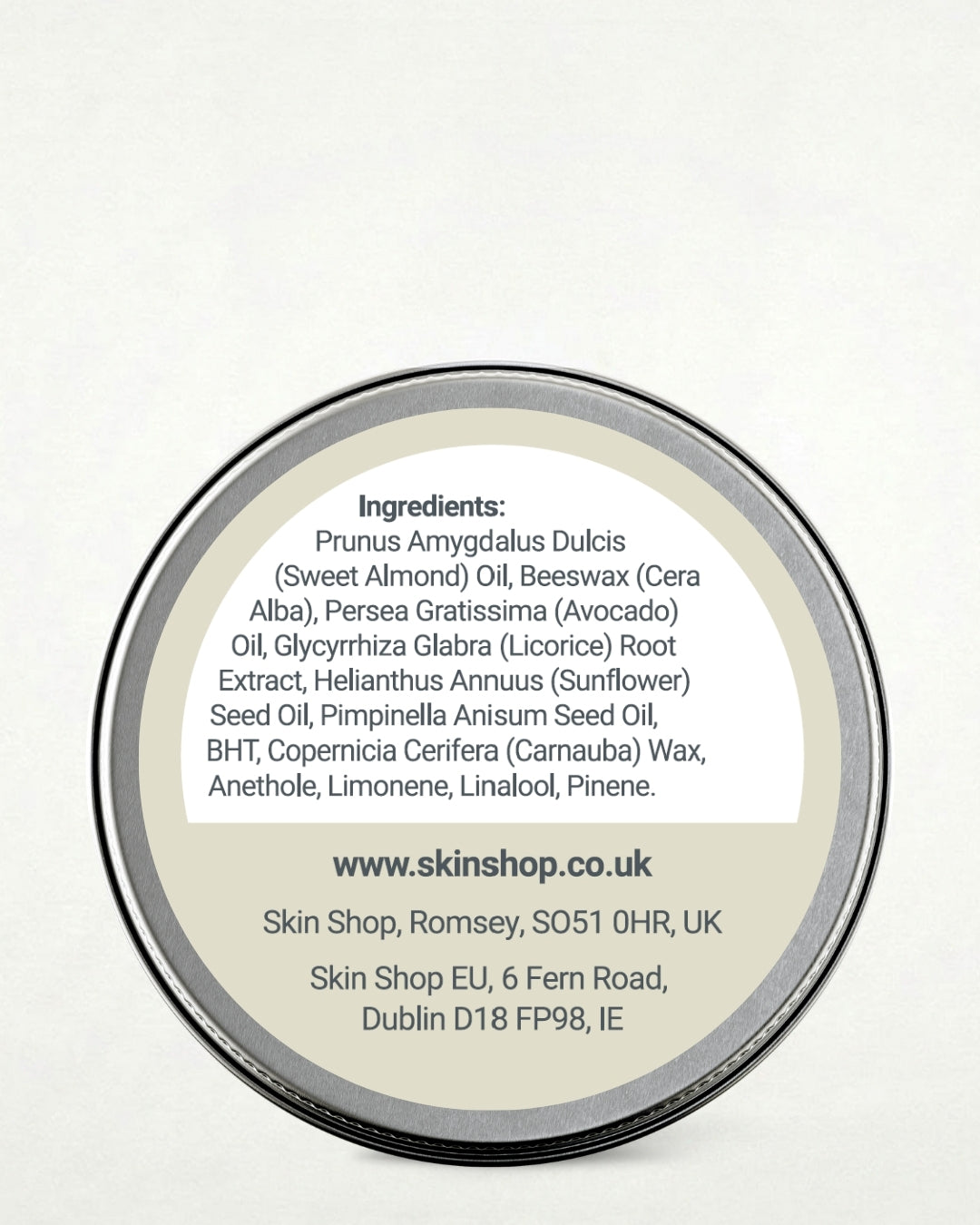 Ingredients list on the back of the LipQ Liquorice Lip Balm tin, including liquorice root extract, sweet almond oil and beeswax