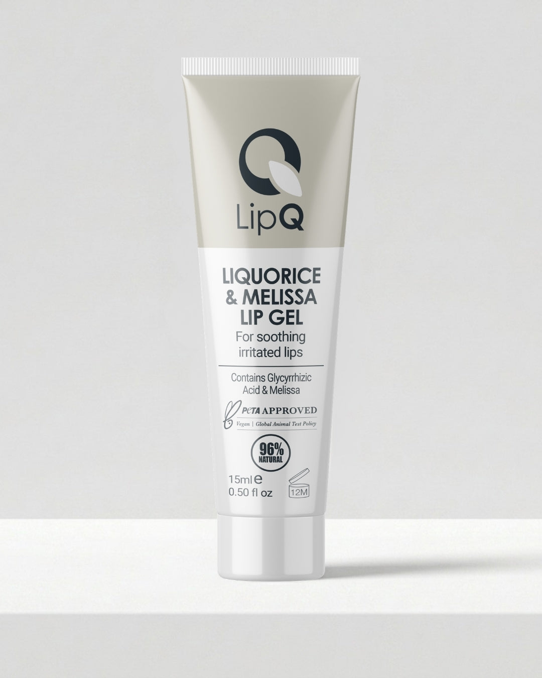 LipQ Liquorice & Melissa Lip Gel 15ml tube, a clear lip gel for cold sore-prone lips applied at the first tingle of a cold sore