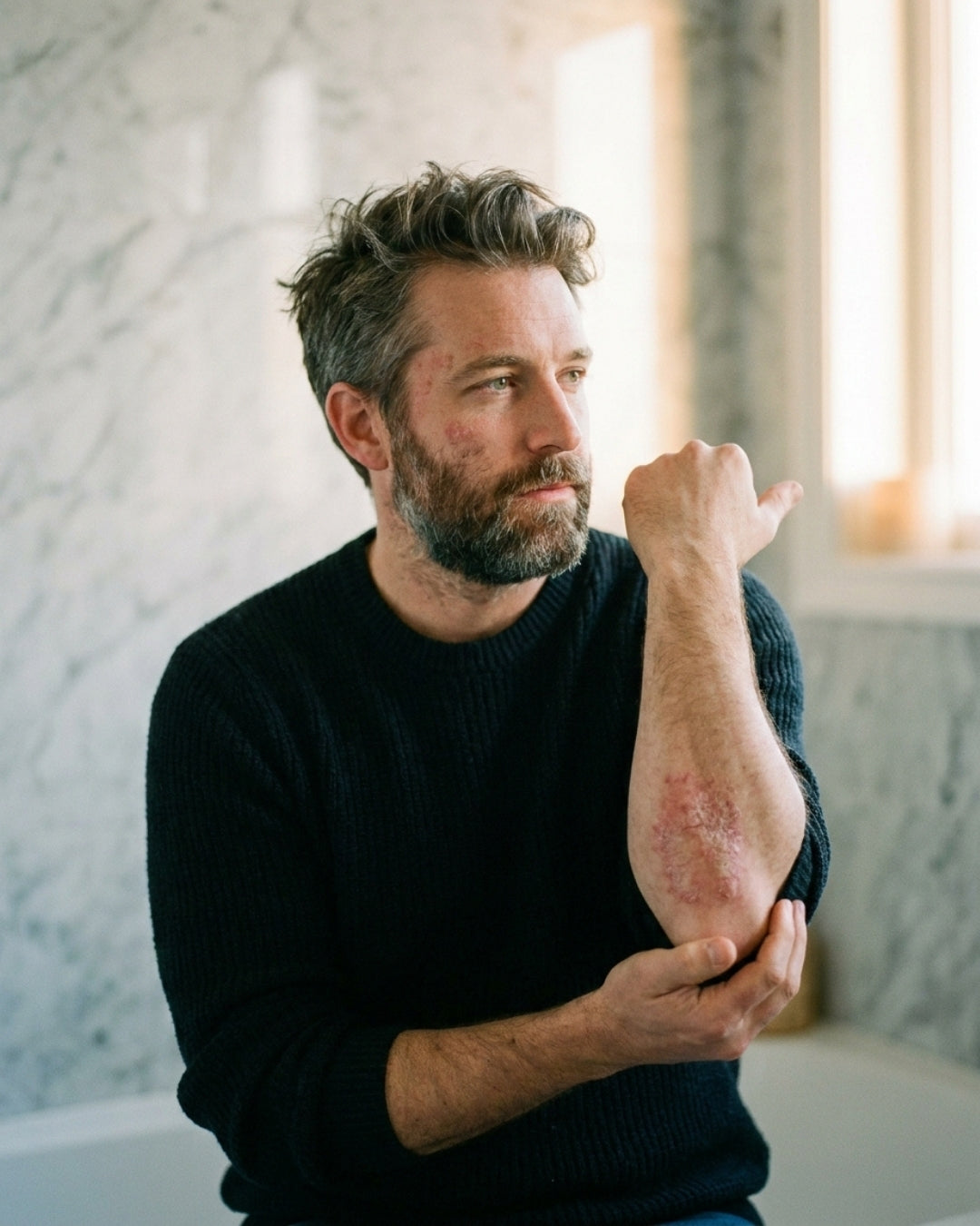 Man with psoriasis-prone skin showing dry, red, scaly patches on his face and elbow, the larger body and facial areas PSOregon Maintenance Cream is designed to soften and soothe