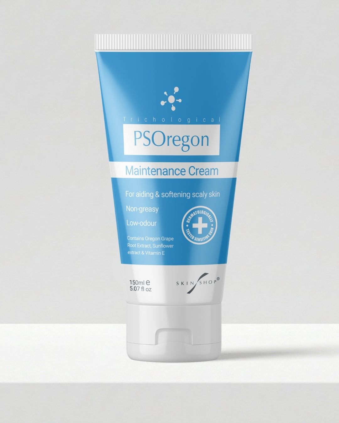 PSOregon Maintenance Cream 150ml, a non-greasy, low-odour daily moisturiser for psoriasis-prone, dry and scaly skin, containing Oregon Grape Root extract, sunflower extract and vitamin E, dermatologically tested for sensitive skin