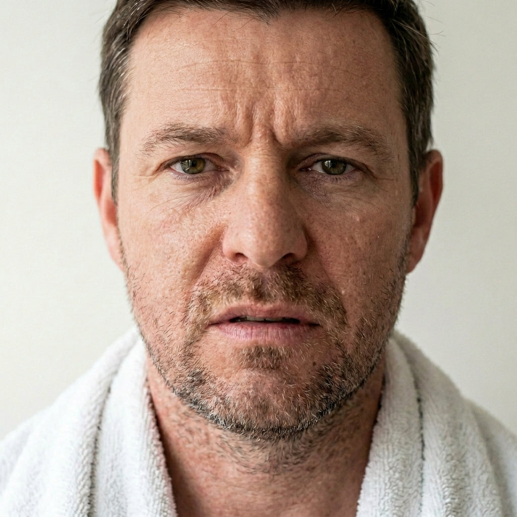 The same man with calm, comfortable skin and no visible shaving irritation, after using KALME Undercoat as a post-shave moisturiser for sensitive skin