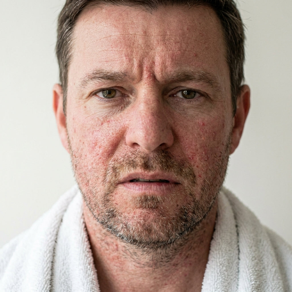 Man with shaving rash and red, irritated skin on his cheeks and jaw, before using KALME Undercoat desensitising moisturiser